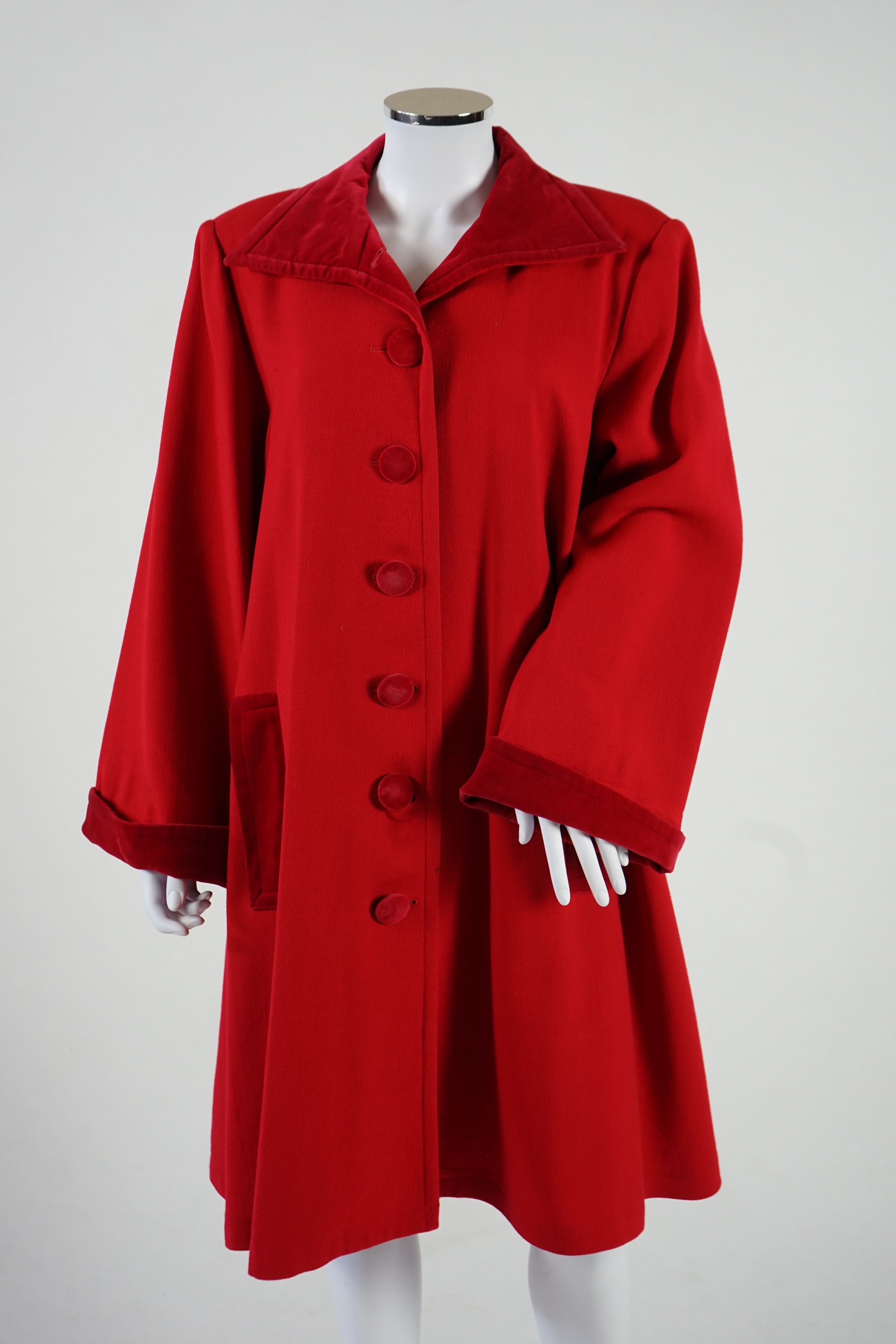 A vintage Yves Saint Laurent variation lady's red wool coat with velvet trim, F 40 (UK 12). Proceeds to Happy Paws Puppy Rescue
